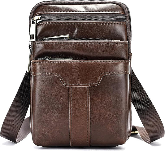 MASIWEI Real Leather Crossbody Bag for Men Women Hiking Small Purse Convertible Belt Loop Shoulder Bag for Phone Passport