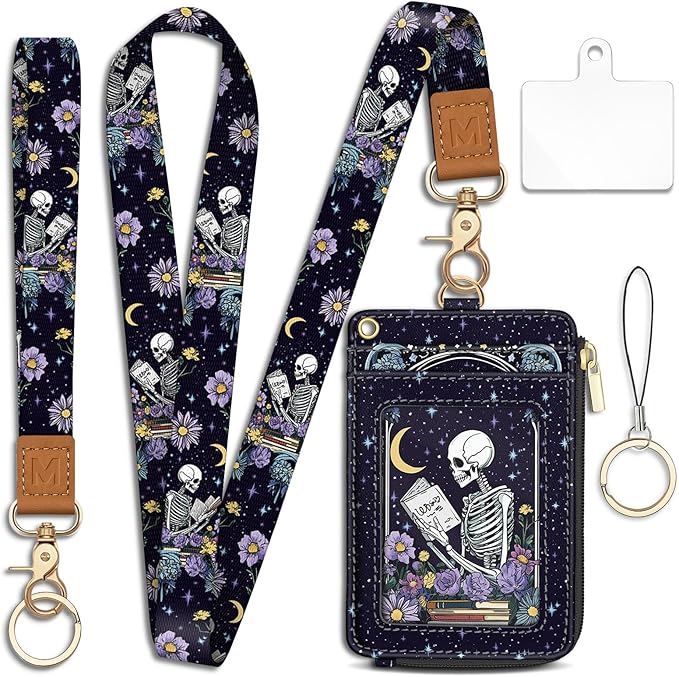 Goth Skeleton Book Lanyard Wallet with ID Badge Holder, Flowers Moon Star Small RFID Wallet Women Keychain Wristlet, Slim Credit Card Holder with Zipper Pocket Phone Lanyard Wrist Strap Office Teacher
