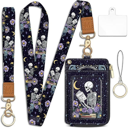 Goth Skeleton Book Lanyard Wallet with ID Badge Holder, Flowers Moon Star Small RFID Wallet Women Keychain Wristlet, Slim Credit Card Holder with Zipper Pocket Phone Lanyard Wrist Strap Office Teacher