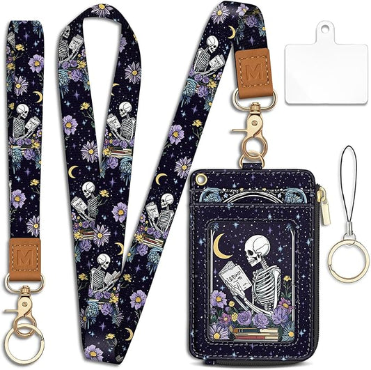 Goth Skeleton Book Lanyard Wallet with ID Badge Holder, Flowers Moon Star Small RFID Wallet Women Keychain Wristlet, Slim Credit Card Holder with Zipper Pocket Phone Lanyard Wrist Strap Office Teacher