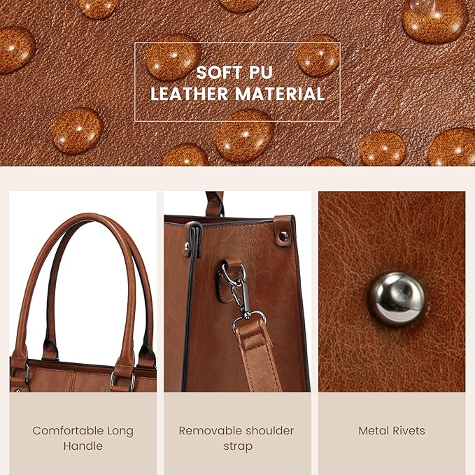 LOVEVOOK Laptop Tote Bag for Women, 15.6 Inch Large Capacity Vintage Leather Work Computer Bag, Business Casual Shoulder Handbag, Dark Brown