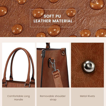 LOVEVOOK Laptop Tote Bag for Women, 17.3 Inch Large Capacity Vintage Leather Work Computer Bag, Business Casual Shoulder Handbag, Dark Brown