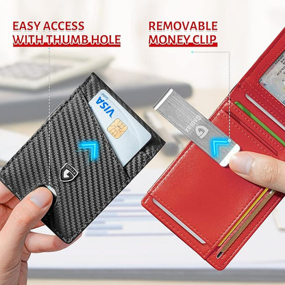 GSOIAX Slim Leather RFID Bifold Wallet for Men Minimalist Front Pocket Wallet with Money Clip,12 Card Slots,ID Window,Cool Groove Design,Includes Gift Box (Carbon Red)