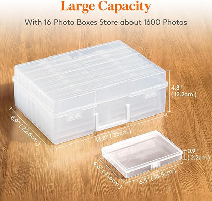 Lifewit 4x6 Photo Storage Box, 16 pcs Inner Photo Case with Lids, Clear Photo Organizers with 1 Sheet Label Sticker, Plastic Craft Storage Box for Seeds Sticker Cards Pictures Office Supplies
