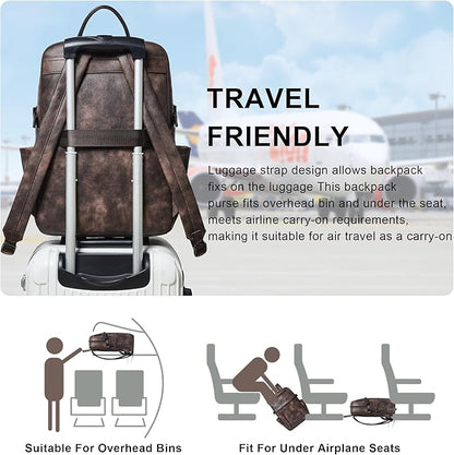 Leather Laptop Backpack for Women, 15.6 Inch Laptop Travel Backpack Purse Large Capacity Computer Bag, Casual Daypack Nurse Bag College Bookbag for School, Coffee