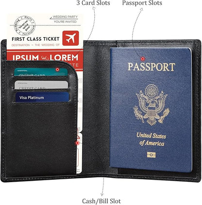 Polare Slim RFID Blocking Leather Passport Holder Travel Bifold Wallet For Men (Black with AirTag Holder)