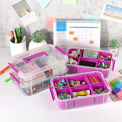JUXYES 4-Tiers Stack Carry Storage Box With 2 Divided Tray, Transparent Stackable Storage Bin With Handle Lid Latching Storage Container for School & Office Supplies, Purple
