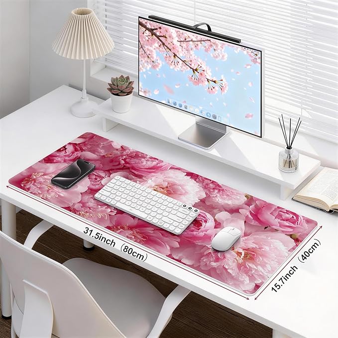 Desk Mat Desk Pad for Keyboard and Mouse, 31.5 x 15.7 in, Pink Peony Floral PU Leather Computer Protector, Non-Slip Base, Waterproof, Easy Clean for Office Gaming, Mouse Pad