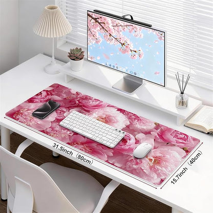 Desk Mat Desk Pad for Keyboard and Mouse, 31.5 x 15.7 in, Pink Peony Floral PU Leather Computer Protector, Non-Slip Base, Waterproof, Easy Clean for Office Gaming, Mouse Pad