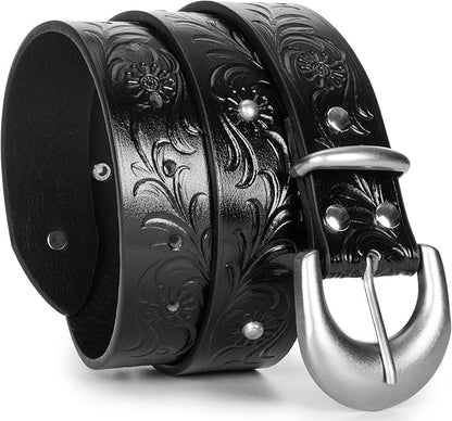 Mealah Vintage Western-Cowboy-Belt for Women Men - Carved Buckle PU Leather Waist Belts (for Waist 28"-38")