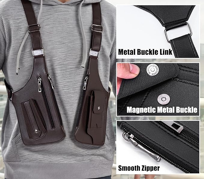 Double Shoulder Armpit Bag for Men, Anti-Theft Cross-Body Concealed Carry with Hidden Phone Wallet Pocket,Premium PU Leather Adjustable Shoulder Underarm Bag