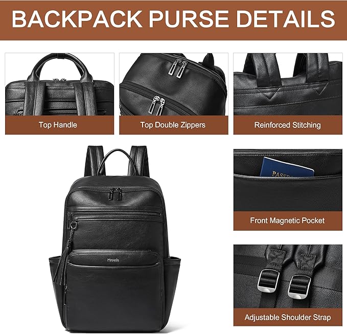 Laptop Backpack for Women,Leather Backpack with 15.6 inch Laptop Compartment,Large Capacity Computer Backpacks Purse,Carry-on Travel Backpacks,Casual Daypack for Work Business College,Black