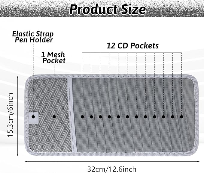 salbsever Cd Car Holder, Large Capacity CD Visor Holders for Car DVD Storage Case with 12 Disc Sleeves 1 Mesh Pocket 1 Pen Holder and Elastic Band Grey