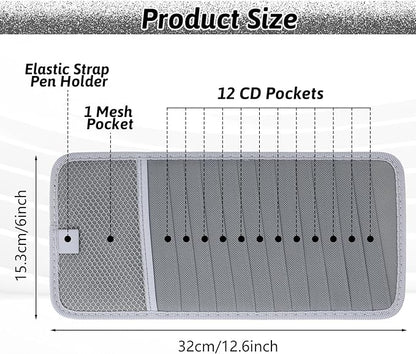 salbsever Cd Car Holder, Large Capacity CD Visor Holders for Car DVD Storage Case with 12 Disc Sleeves 1 Mesh Pocket 1 Pen Holder and Elastic Band Grey