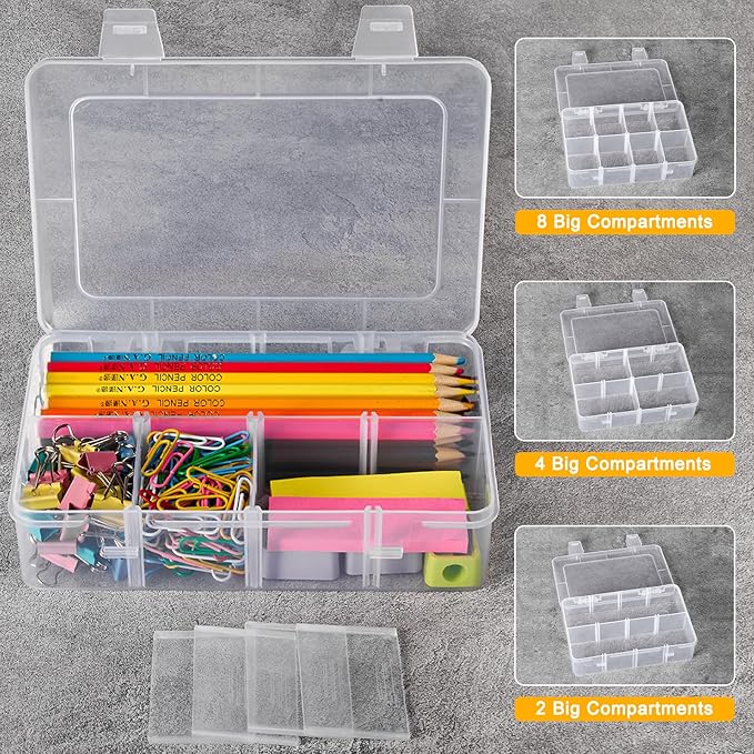 2 Pack 8 Grids Bead Organizer and Storage, Plastic Organizer Box with Removable Dividers and Labels for Jewelry Crafts Small Parts Electronics Tackle Boxes (2)