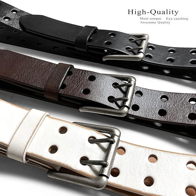 Ben Antique Twin Roller Buckle Vintage One-Piece 100% Leather Jean Belt 1-1/2" Wide