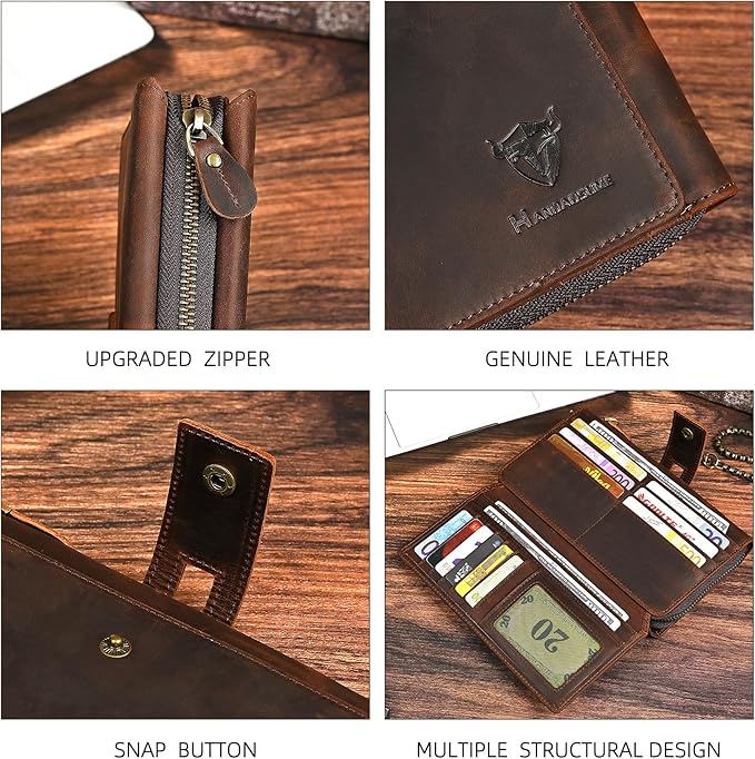 Genuine Crazy Horse Leather Travel Gift Coin Pocket Card Case Long Organizer Chain Rfid Wallet Purse With Snap For Men Male 1803 1815 (W-1819-Brown)