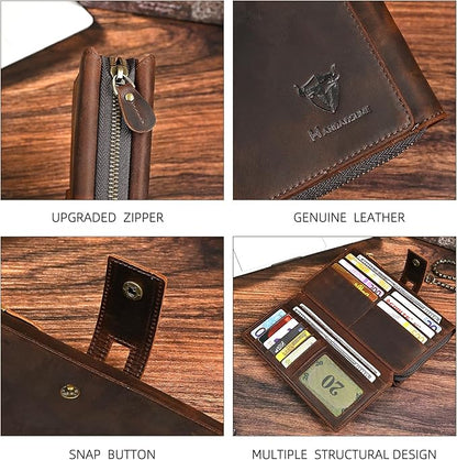 Genuine Crazy Horse Leather Travel Gift Coin Pocket Card Case Long Organizer Chain Rfid Wallet Purse With Snap For Men Male 1803 1815 (W-1819-Brown)