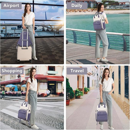 Laptop Backpack for Women Work Bag - 15.6 inch Travel Backpack Purse with USB Charger College Bookbag Waterproof Cute Casual Daypack Business Computer Backpacks for Teacher Nurse Beige Light Purple
