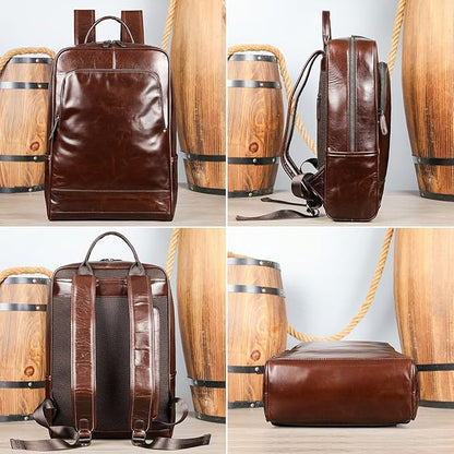 Genuine Leather Backpack for Men Travel Laptop Bag Casual Daypack Business Briefcase Durable Work Bag Gift Box (Brown)