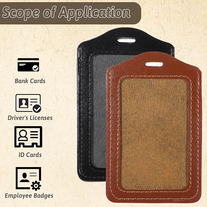 2 Pack Vertical Leather ID Badge Holder, Double-Sided Clear Window Card Protector Pouch, Waterproof Name Badge Holder for Office Staff Students School ID Credit Cards, Black Brown