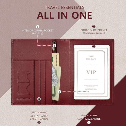 BAPHITY Genuine Leather RFID Blocking Passport Holder Wallet with Zipper Hidden Pocket,Luxury Cover for Women,Ideal Gift-Wine
