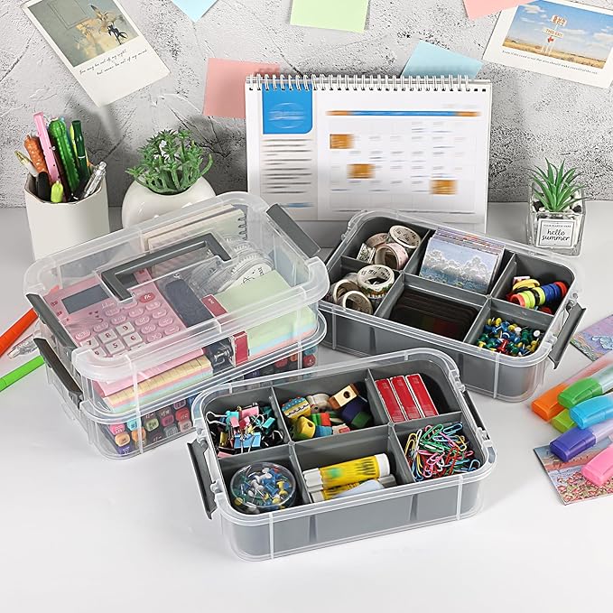 JUXYES 4-Tiers Stack Carry Storage Box With 2 Divided Tray, Transparent Stackable Storage Bin With Handle Lid Latching Storage Container for School & Office Supplies, Gray