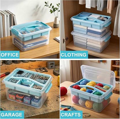 Yesland Stack & Carry Box with Removable Tray, 16 x 11 x 6.5 Inch Plastic Art Supply Storage Organizer Craft Storage Containers with Handle, Portable Organizer Bin for Stationery Sewing Jewelry, Blue