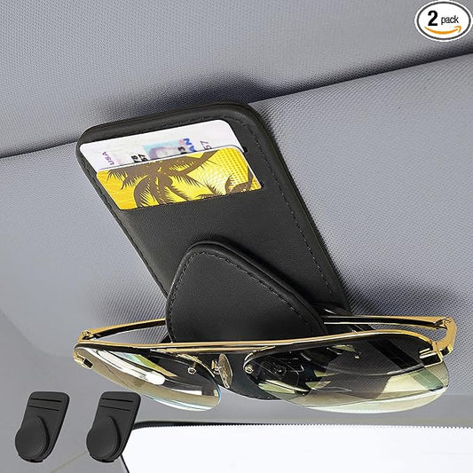 2 Pack Sunglass and Card Holder for Car Visor, 2 Card Slots Visor Glasses Clip, Strong Magnetic Visor Holder, Visor Accessories for Cars SUV-(Black 2Pcs)