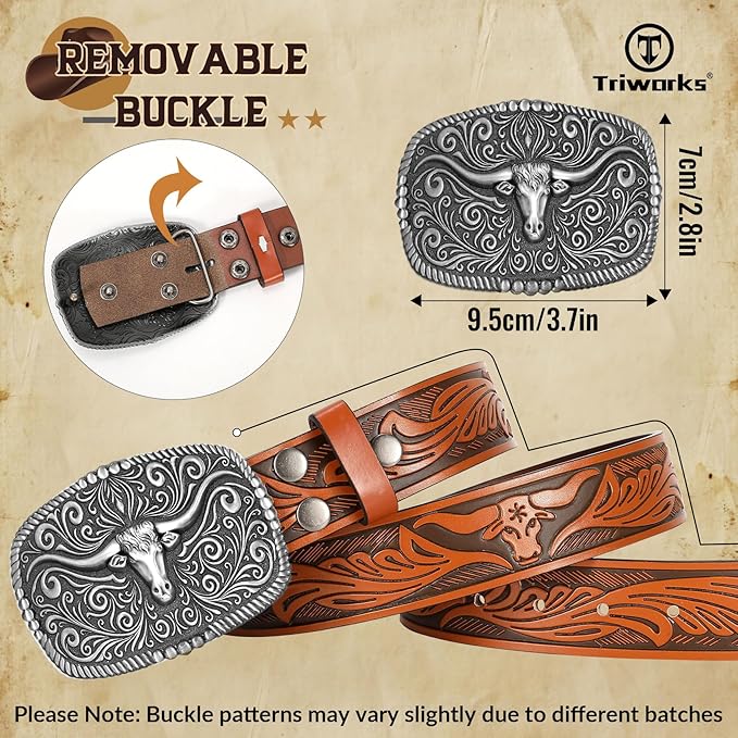 TRIWORKS Western Belt for Men Women Cowboy Engraved Belt Western Buckle Embossed Leather Belt