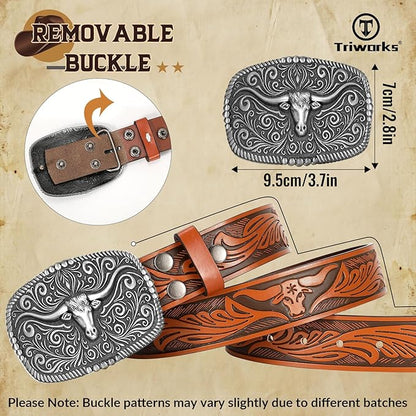 TRIWORKS Western Belt for Men Women Cowboy Engraved Belt Western Buckle Embossed Leather Belt