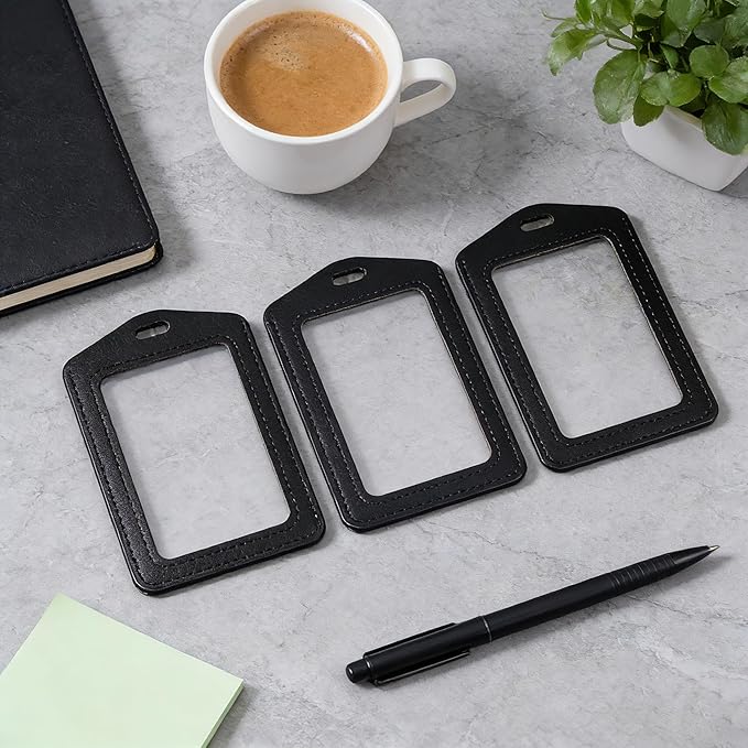 TXIN 50 Pack ID Badge Holder PU Leather ID Name Card Tag Holder Protector Vertical Work Badge Cover Sleeve with Clear Window for Office Staff School Students Small Business Supplies, Black