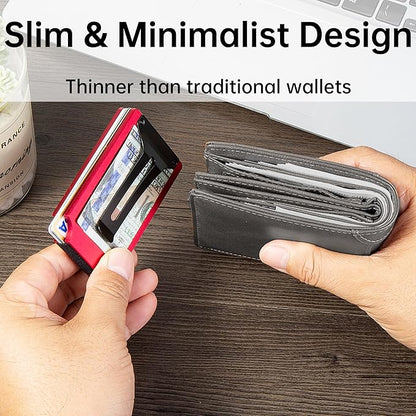 Minimalist Carbon Fiber Wallet for Men, Money Clip Cash Strap Wallet, RFID Blocking Metal Wallet Aluminum Card Holder,Front Pocket Wallet(Matte Red)
