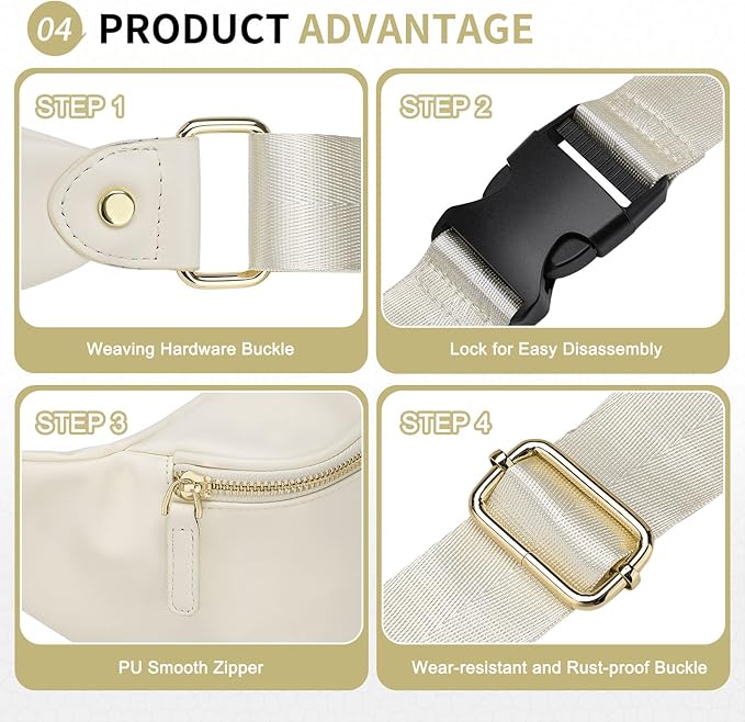 Faux Leather Belt Bag for Women, Crossbody Fanny Pack with Adjustable Strap, Back Zipper Pocket, Large Capacity Waist Pack for Travel, Concerts, Beige