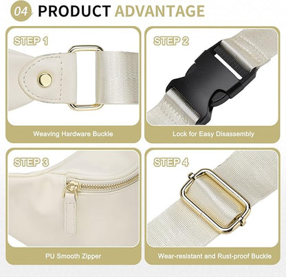 Faux Leather Belt Bag for Women, Crossbody Fanny Pack with Adjustable Strap, Back Zipper Pocket, Large Capacity Waist Pack for Travel, Concerts, Beige