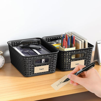 Black Plastic Storage Baskets - Pack of 8 with Labels Stackable Durable Storage Bins, Storage Containers for Organizing Desktops, Closets, Playrooms, Classrooms, Offices