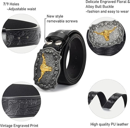 Western Cowboy-Belts for Men Big-Buckle Longhorn-Bull PU-Leather Rodeo Cowgirl-Belt Engraved Floral - Waist 25-38"
