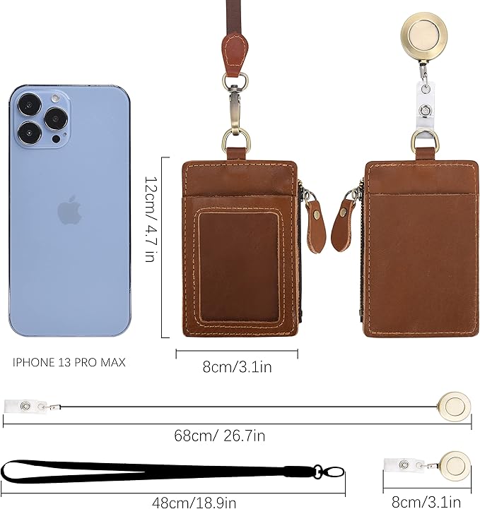 Wonderpool Leather ID Badge Holder with Zipper Wallet Pouch - Card Slots Case Detachable Neck Lanyard and Retractable Badge Reel for Office School Hospital Exhibition ID (Light Brown)