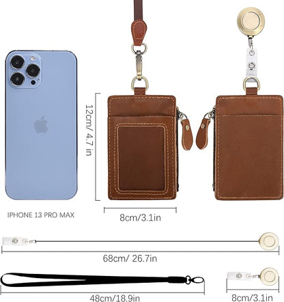 Wonderpool Leather ID Badge Holder with Zipper Wallet Pouch - Card Slots Case Detachable Neck Lanyard and Retractable Badge Reel for Office School Hospital Exhibition ID (Light Brown)