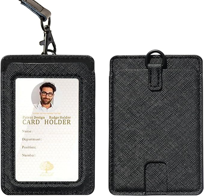 Badge Holder with Lanyard,Leather ID Card Holder,Vertical Lanyard ID Card Holder for Work Office (Black-Slim)