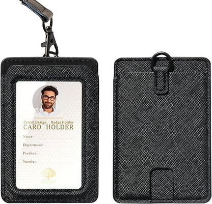 Badge Holder with Lanyard,Leather ID Card Holder,Vertical Lanyard ID Card Holder for Work Office (Black-Slim)
