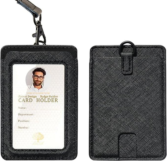 Badge Holder with Lanyard,Leather ID Card Holder,Vertical Lanyard ID Card Holder for Work Office (Black-Slim)