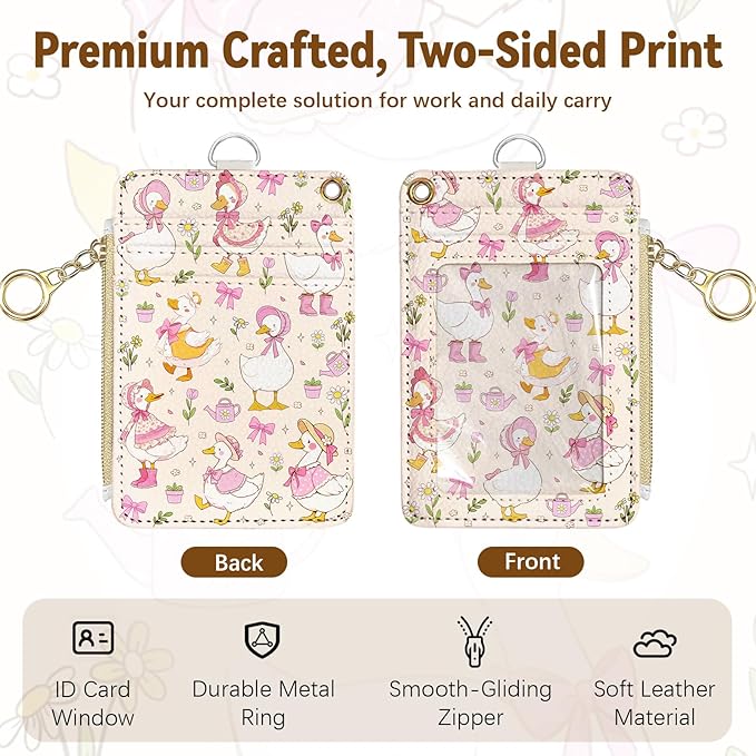 Cute Leather Badge Holder with Zipper Pocket, Goose Lanyards and 1 Zip Pocket and 4 Card Slots, Pink Bow Breakaway Lanyards with Metal Clasp for Offices, Staff, Adult, Employees