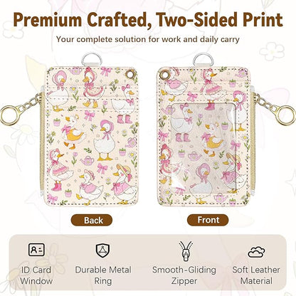 Cute Leather Badge Holder with Zipper Pocket, Goose Lanyards and 1 Zip Pocket and 4 Card Slots, Pink Bow Breakaway Lanyards with Metal Clasp for Offices, Staff, Adult, Employees