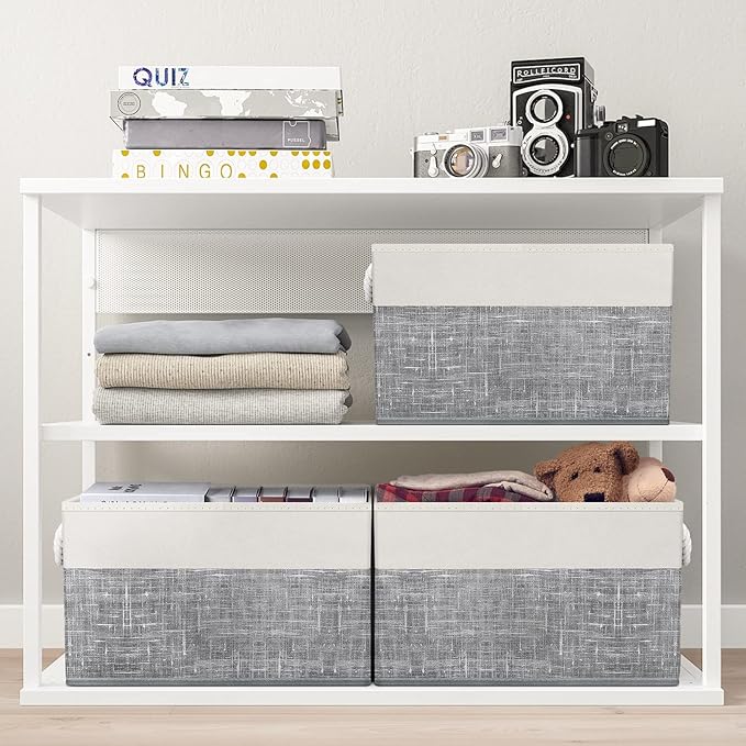 Fab totes Storage Bins [4-Pack], Foldable Storage Baskets for Organizing Toys, Books, Shelves, Closet, Large Storage Box with Rope Handles, Sturdy Organizer Bins, White & Grey