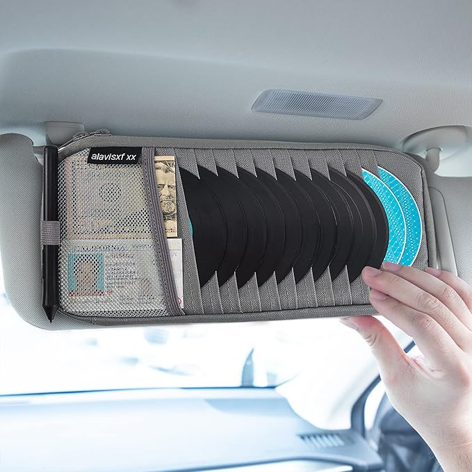 alavisxf xx Car CD Holder, DVD Vehicle Visor Storage Organizer, Large Capacity CD Visor Case Holder with 12 Sleeves, 1 Mesh Pocket, 1 Pen Holder, 1 Back Inner Pocket (Grey)