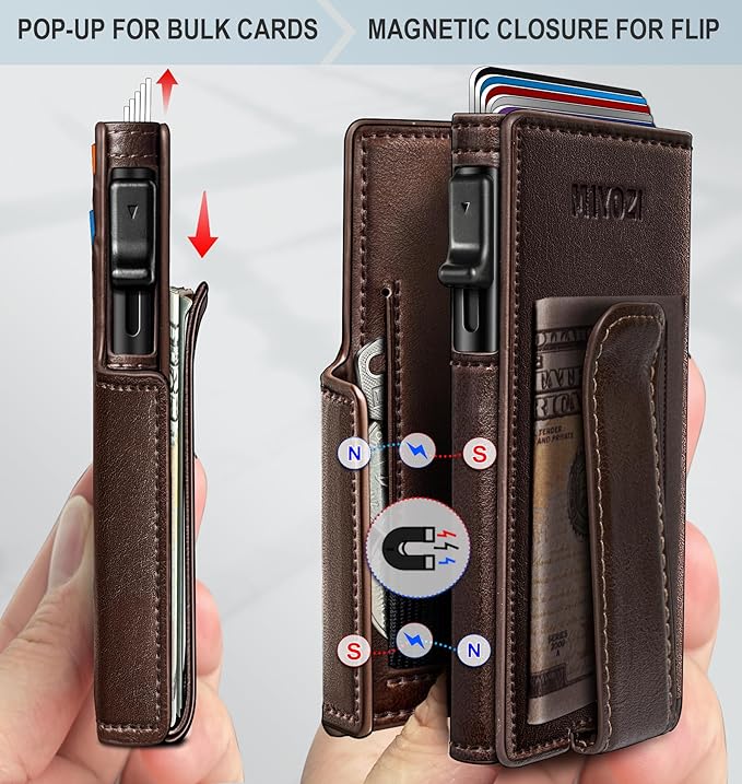 miyozi Wallet for Men, Magnetic Minimalist Slim Wallet with Pop Up Card Holder, 9 Cards RFID Blocking Metal Credit Card Case, Leather Wrapped Money Clip, ID Window & Small Item Slot, Gift Boxed