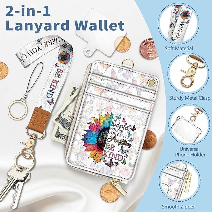 Lanyard Wallet with Id Badge Holder, Be Kind RFID Small Keychain Wallet Women Wristlet, Cute Zipper Credit Card Holder Phone Wrist Neck Strap for Key Name Tag, Teacher Student Office Gifts