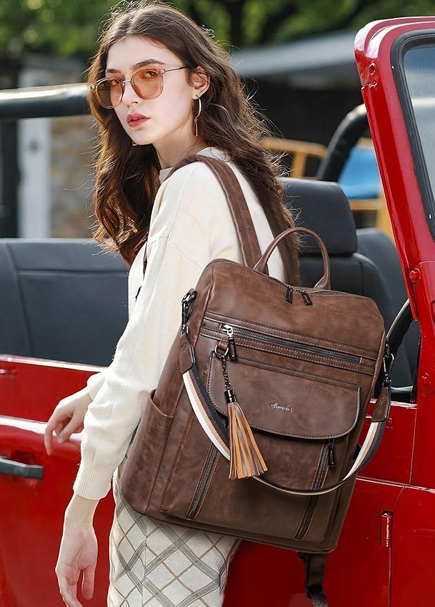 Shrrie Laptop Backpack for Women 15.6 inch,Travel Leather Backpack Purse Nurse Teacher Carry on Backpack Computer Bag,Professional Water-Resistant College Business Work Casual Daypack,Brown