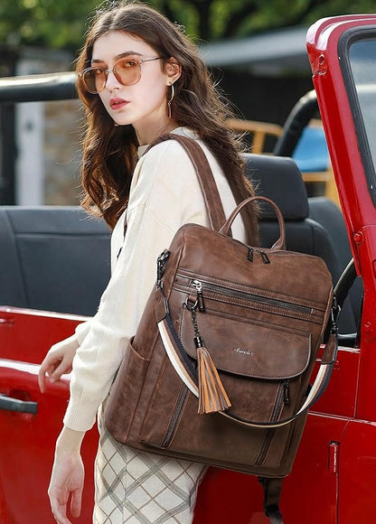 Shrrie Laptop Backpack for Women 15.6 inch,Travel Leather Backpack Purse Nurse Teacher Carry on Backpack Computer Bag,Professional Water-Resistant College Business Work Casual Daypack,Brown